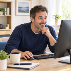 Man in his forties looking at a computer screen with awe and interest