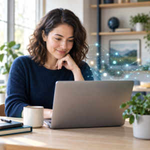 Adult learner exploring artificial intelligence concepts on a laptop