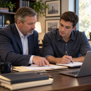 Male investigator mentor guiding a trainee through case documentation