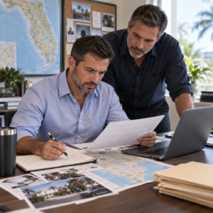 Two male investigators reviewing case documents and evidence for Florida investigator training