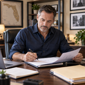 Male private investigation agency owner reviewing business plans at his desk