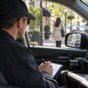 Male investigator conducting surveillance from a vehicle