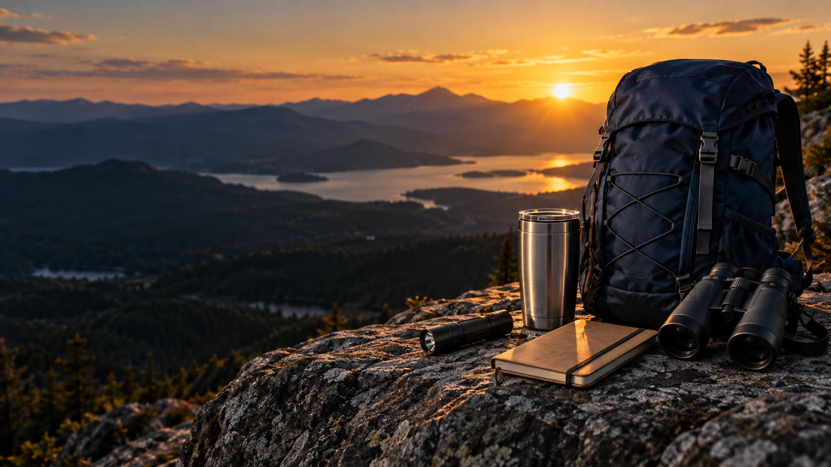 Generic outdoor gear arranged at a mountain overlook